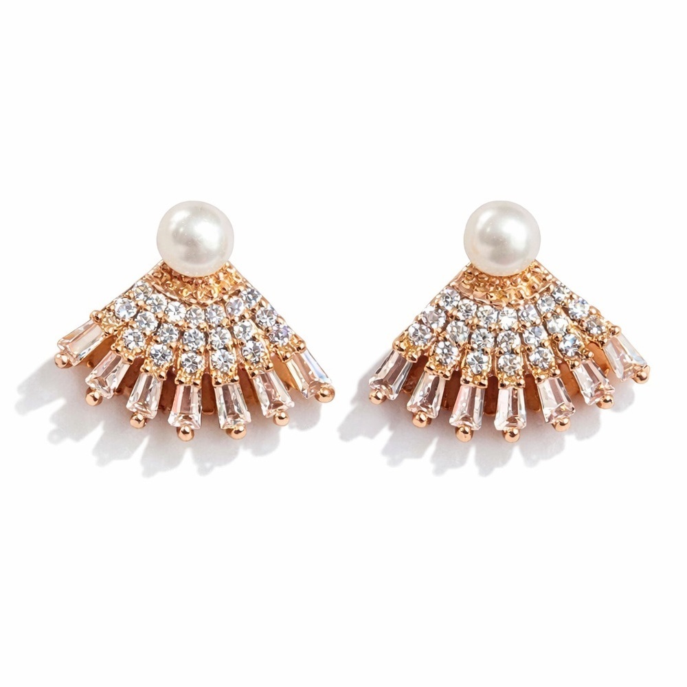 Elegant Rose Gold  Earrings with Zirconia and Pearl Accent